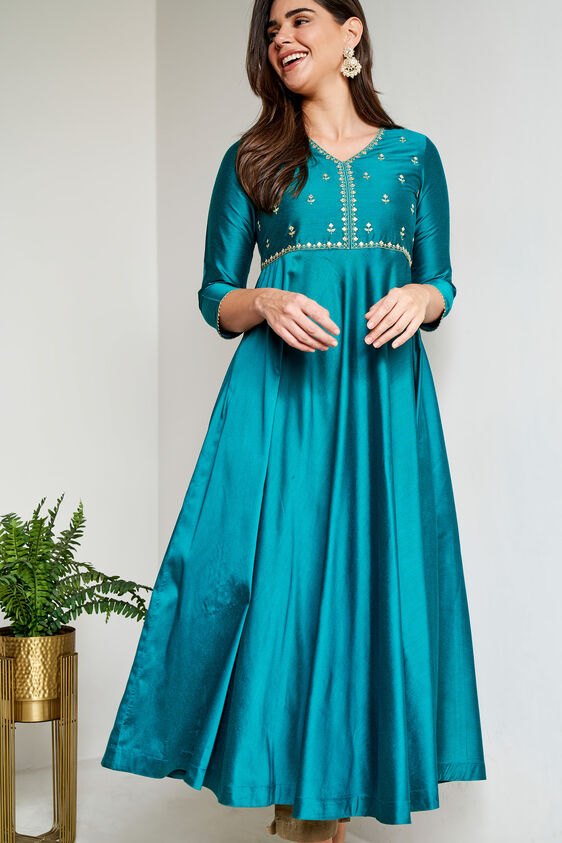 Teal Solid Flared Kurta, Teal, image 5